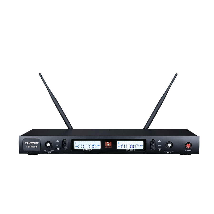Takstar TS-8808HH UHF Wireless Handheld Dual Microphone System Transmitter has one light indicator, two LCD screens, two volume knobs, and one power button