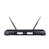 Takstar TS-8808HH UHF Wireless Handheld Dual Microphone System Transmitter has one light indicator, two LCD screens, two volume knobs, and one power button