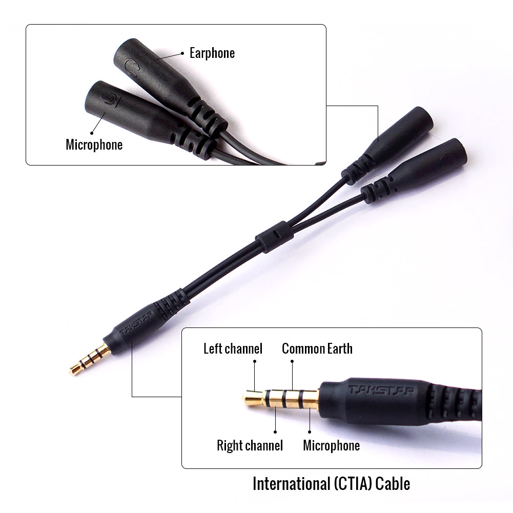 Takstar C2-1 one male connector and two 3.5mm Female connectors, one for microphone, another for earphone