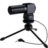 Takstar SGC-698 Stereo Camera Microphone mounted on a tripod and has a linen 3.5mm stereo cable
