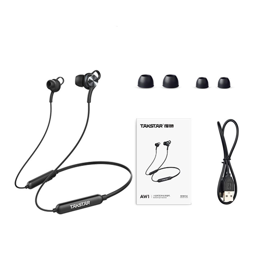 Takstar AW1 Bluetooth Sports Earphone product content includes two pairs of ear buds covers, one user manual, one usb charging cable