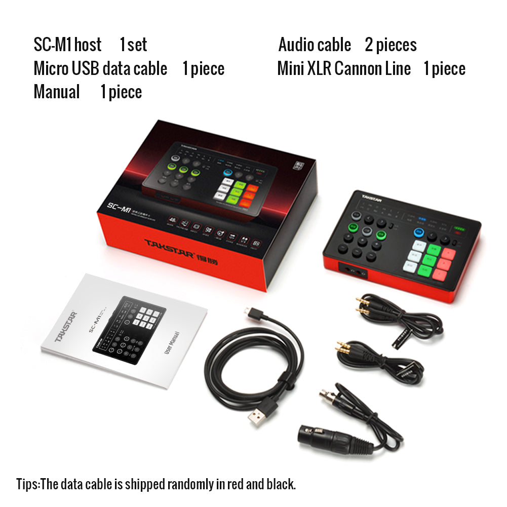 Takstar SC-M1 Portable Podcast Sound Card package product content has one mixer, two audio cables, one mini XLR cord, one micro usb data cable, one user manual