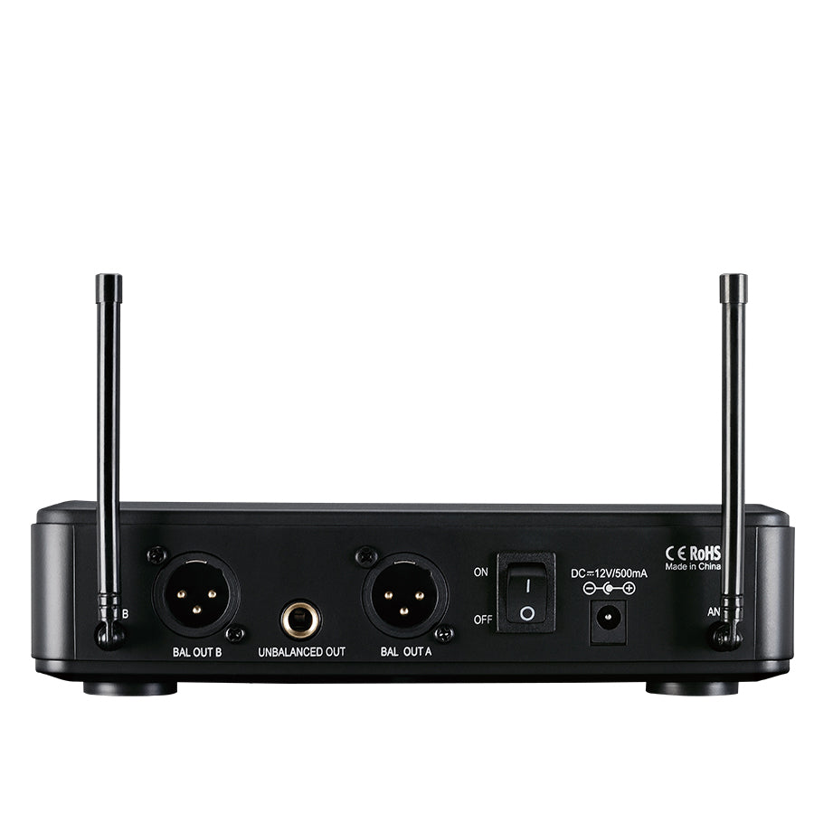Takstar TS-7220HH UHF Wireless Microphone transmitter back side has two antenna, two xlr ports, one unbalanced outlet, one on-off switch and one power port