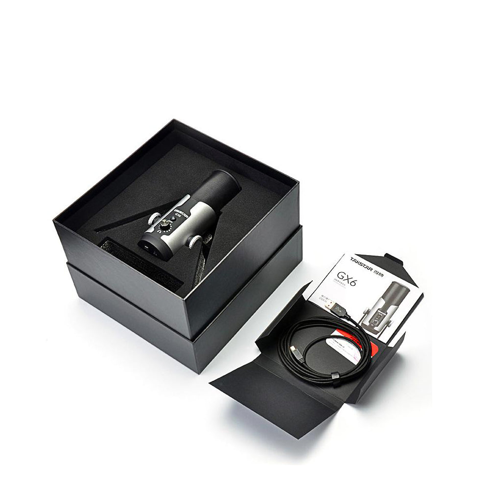 Takstar GX6 Desktop USB Condenser Microphone comes in a black box, a usb cord and a user guide