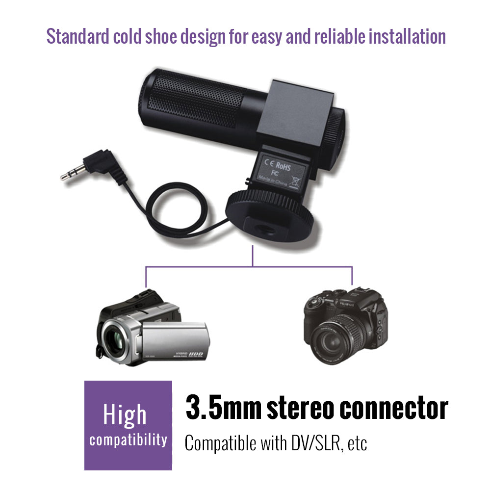 Takstar SGC-698 Stereo Camera Microphone has a standard cold shoe design and a 3.5mm stereo cable compatible with DV camera and dslr camera
