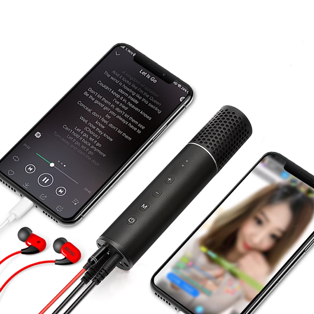 Takstar PH130 Portable Livestream Condenser Microphone connected to two mobile phones and one monitor earphones