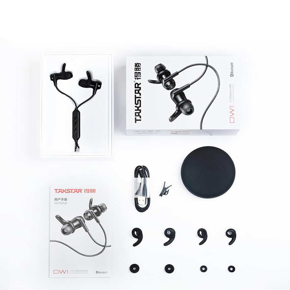 Takstar DW1 In-ear Bluetooth Sports Earphones  package: one pair of earphones, two pair of eartips & eartins, one storage bag, one clip, one usb charging cable, one user manual
