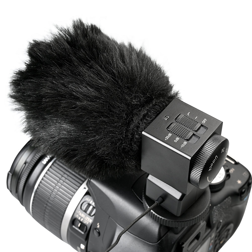 Takstar SGC-698 Stereo Camera Microphone with deadcat and mounted on a dslr camera