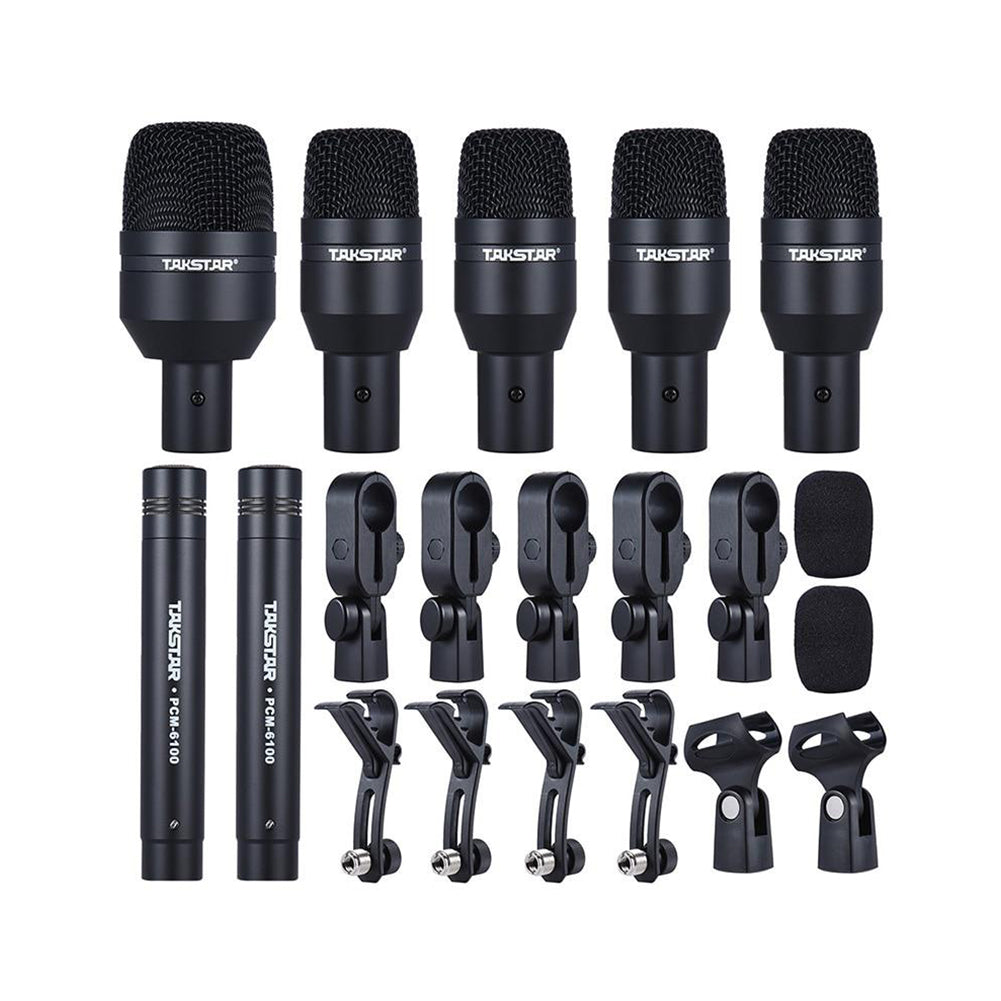 Takstar DMS-D7 Drum Microphone Kit contains one TA-8330 bass drum microphone, four TA-8230 snare drum microphone, two PCM-6100 condenser microphone, four MH-8 mic clamp, two CH-58 mic clamp, two Windscreen foam cover, five MH-7 clips