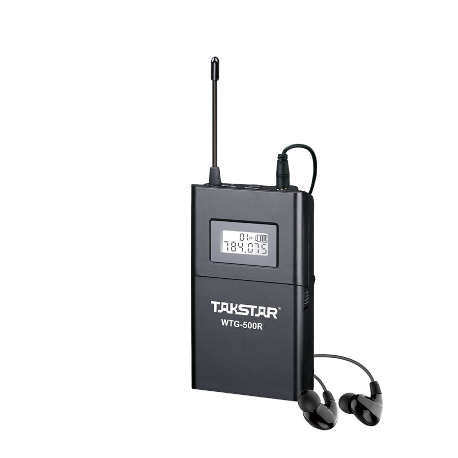 Takstar WTG-500 UHF Wireless Tour Guide System Receiver has digital screen display indicates battery level, channel number. It is connected to a pair of earphone. 