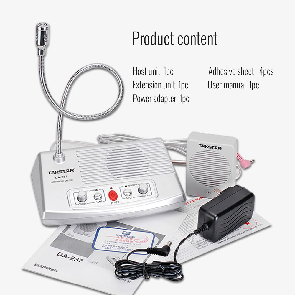 Takstar DA-237 product content includes one host unit, one extension unit, one power adapter, one adhesive sheet, one user manual