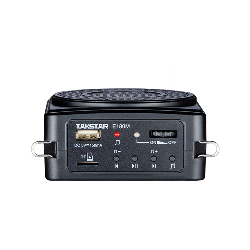 Takstar E180M Portable Voice Amplifier has TF card slot, power light indicator, play&pause button, volume up&down buttons, power port, on-off switch