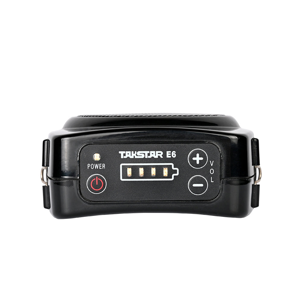 Takstar E6 Portable Voice Amplifier has four battery indicator lights, power light, plus&minus volume buttons, one power button