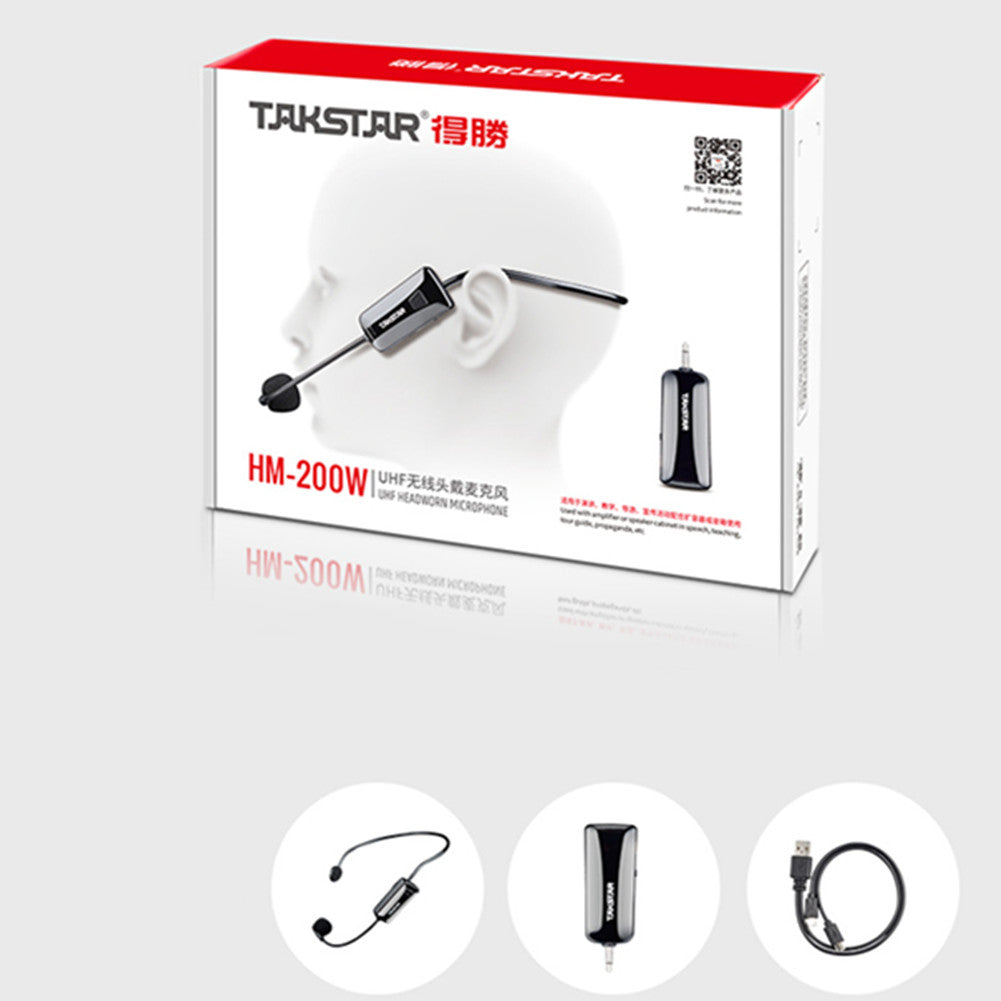 Takstar HM-200W UHF Headworn Microphone package contains one transmitter, one receiver, and one USB charging cable