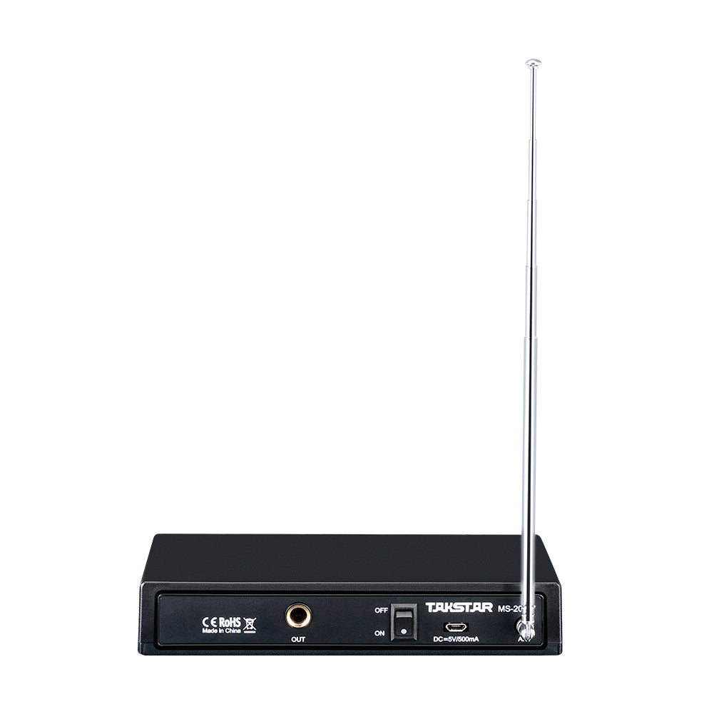 Takstar MS-208W Wireless VHF Gooseneck Conference Microphone receiver is black color, the receiving antenna is silver color. The back has one on-off switch, output port, power port and one antenna.