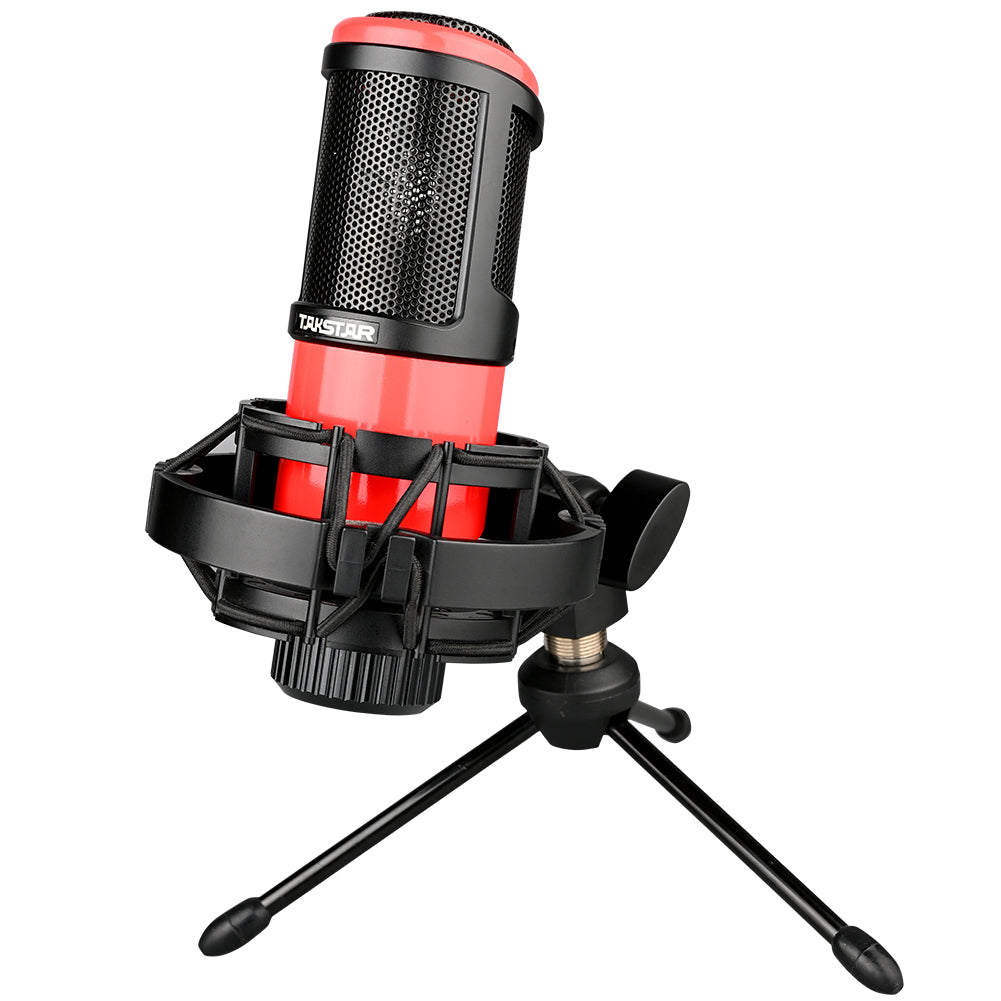 Takstar PC-K320 Side-address Studio Condenser Microphone red color in shock mount and tripod