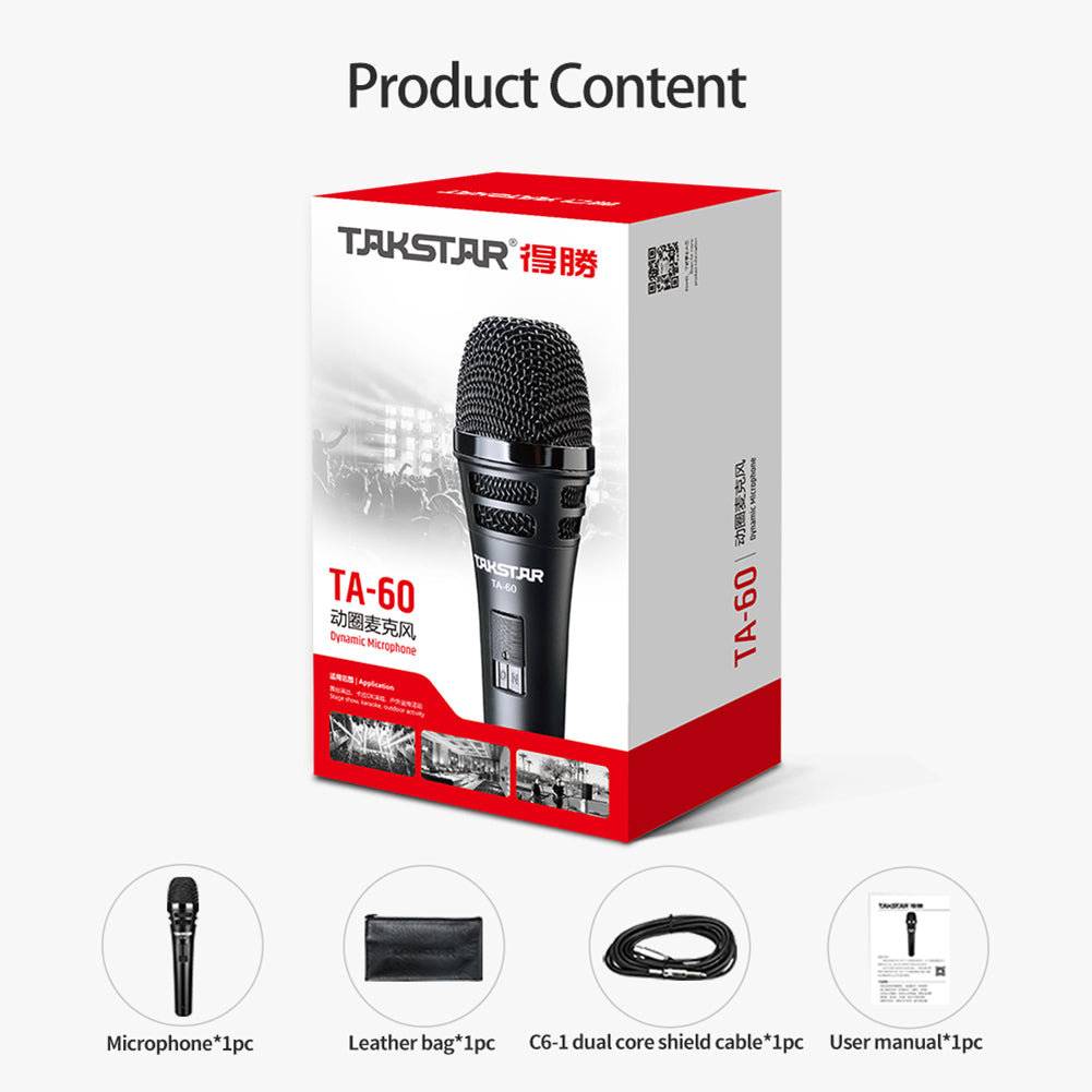 Takstar TA-60 Handheld Dynamic Microphone package product content contains one mic, one leather mic bag, one C6-1 XLR cable, one user manual