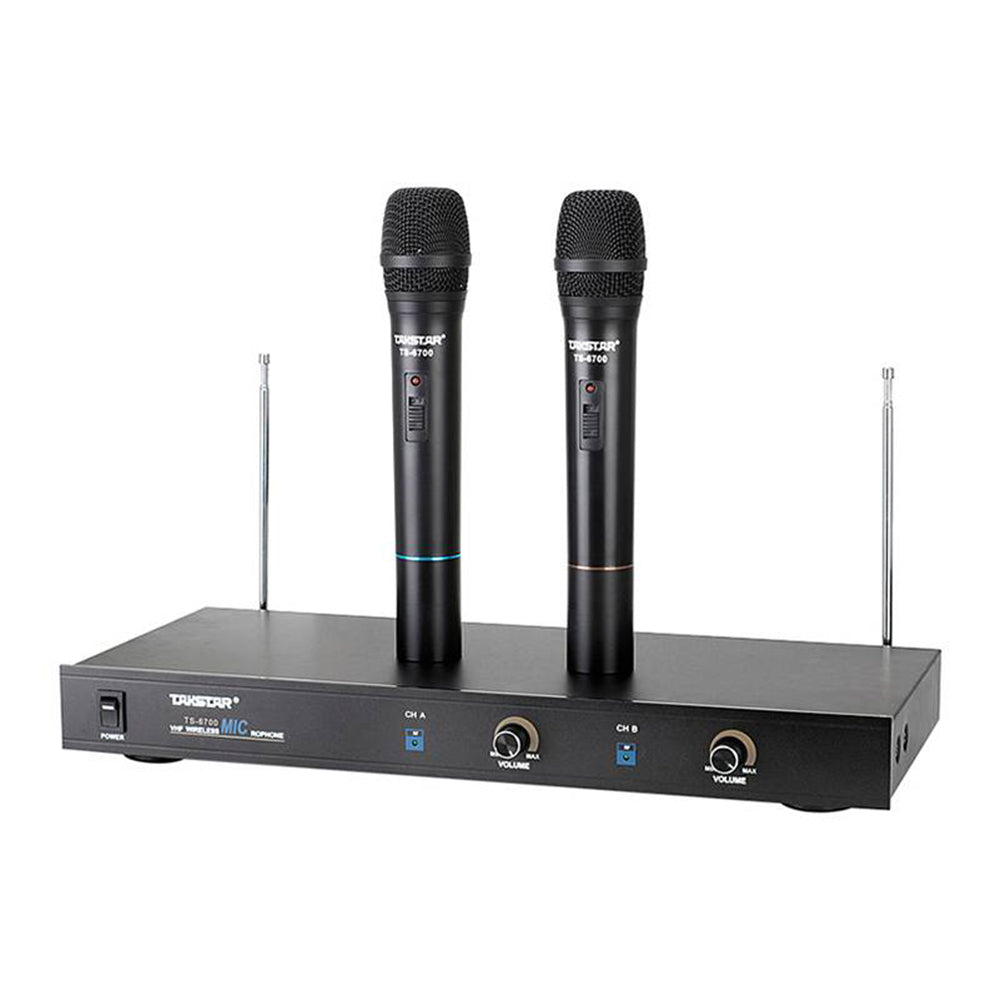 Takstar TS6700HH VHF Wireless Dual Microphone System has one transmitter and two handheld mics