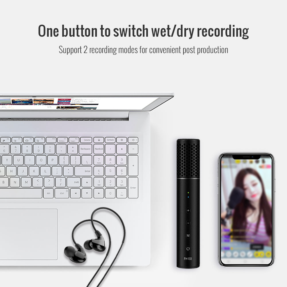 Takstar PH130 Portable Livestream Condenser Microphone  next to a cell phone and a laptop