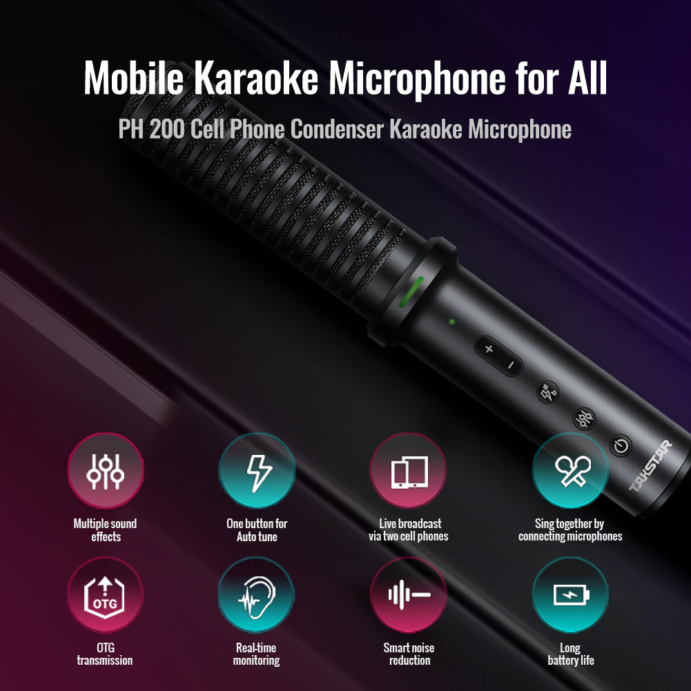Takstar PH200 Mobile Karaoke Microphone for all ages features multiple sound effects, one button autotune, livestream via two cell phones, cinnect microphones to sing together, otg audio recording transmission, real-time monitoring, smart noise reduction, long rechargable battery life