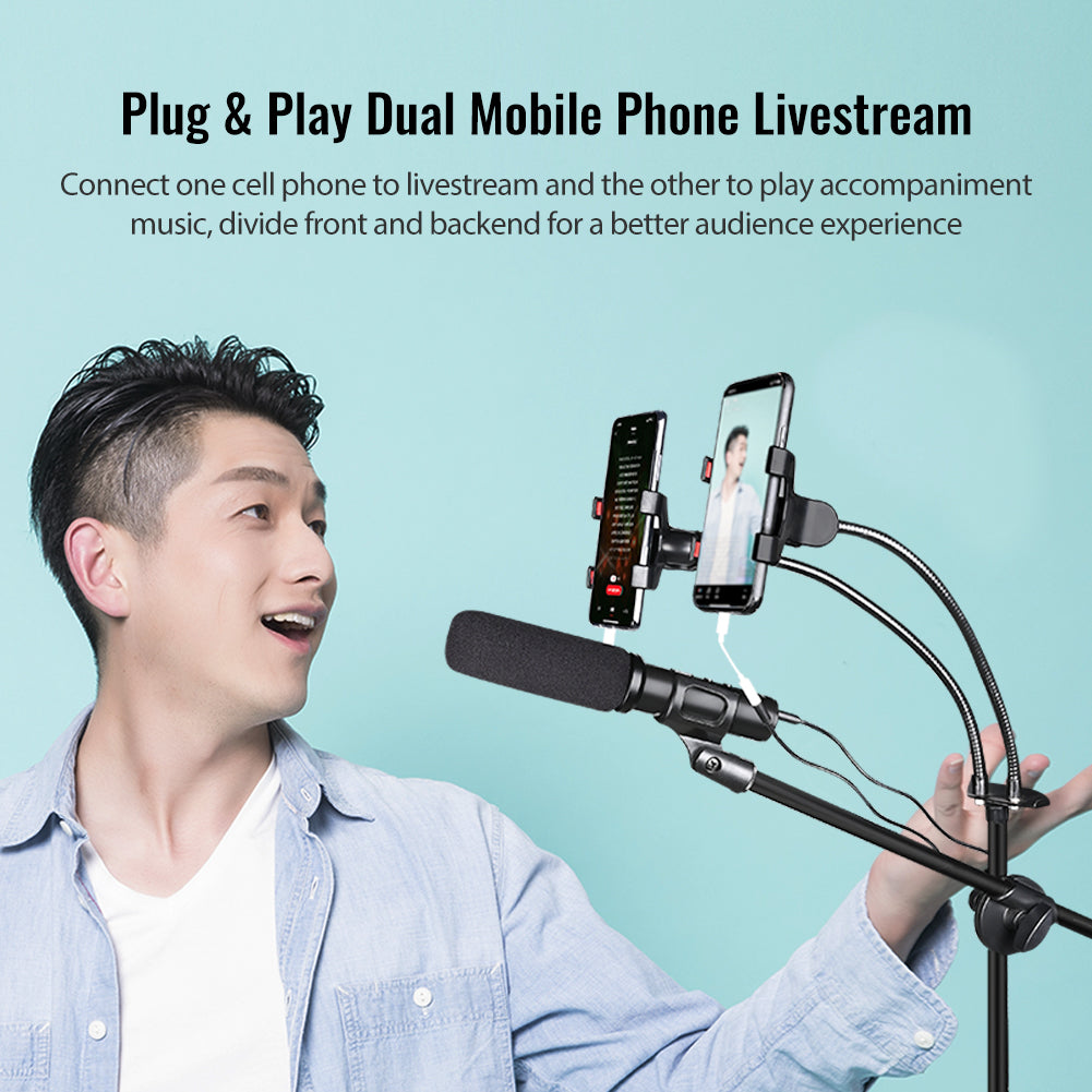 Takstar PH200 Mobile Karaoke Microphone connected with two mobile phone to livestream one for front another for backend