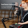 A female influencer is connecting Takstar SC-M1 Portable Livestream Audio Panel to two cell phones, one microphone and one monitor headphones for livestream