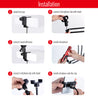Takstar ST-201 Professional Microphone Stand installation steps: install the base, connect stand with base, connect cell phone clip with stand, connect microphone clip with stand, install microphone, install phone onto the clip
