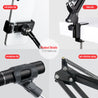 Takstar ST-201 Professional Microphone Stand detail pictures of phone holder, base stabilizer, anti-vibration spring and microphone clip