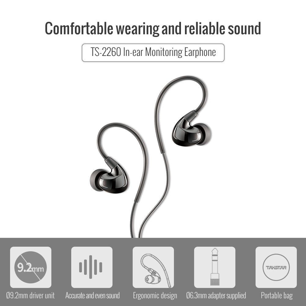 Takstar TS-2260 In-ear Monitor Earphone black features: large driver unit, accurate and balanced sound, ergonomic design, 6.3mm adapter, silicon protable bag