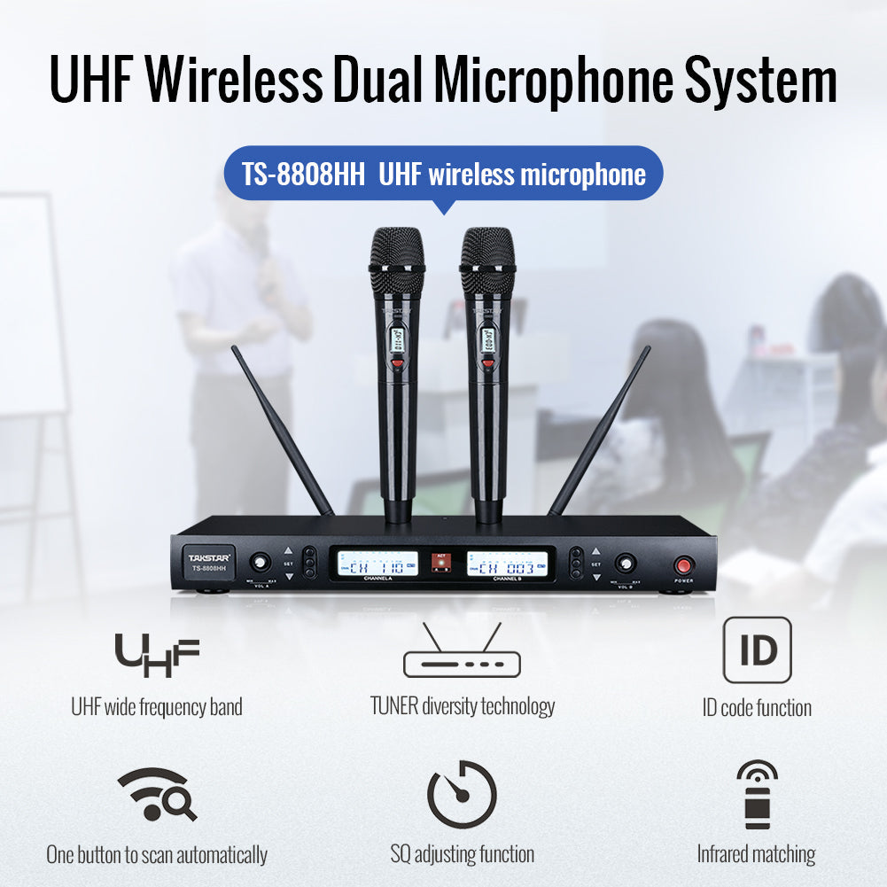 Takstar TS-8808HH UHF Wireless Handheld Dual Microphone System with six features: uhf wide frequency band, TUNER diversity technology, ID code encryption, one button pairing, sq adjusting function, infrared matching