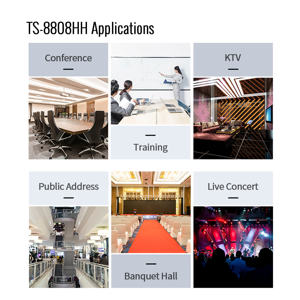 Takstar TS-8808HH UHF Wireless Handheld Dual Microphone System in six application scenarios: conference, training, KTV, Public Address, Banquet Hall,Live Concert