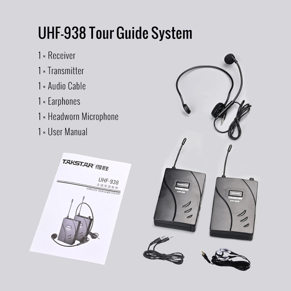 Takstar UHF-938 Wireless Tour Guide Microphone System product content includes one receiver, one transmitter, one audio cable, one earphones, one headworn microphone and one user manual