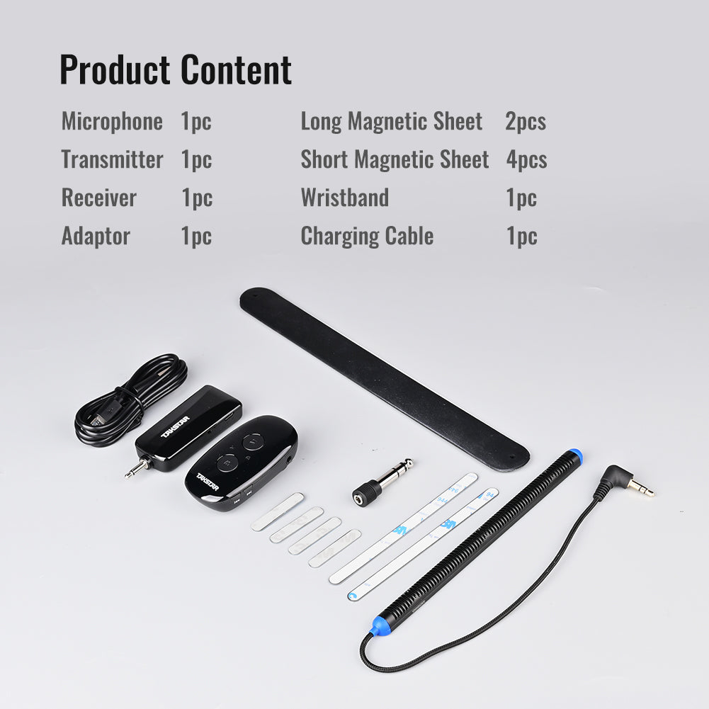 Takstar WHM-24A Wireless Harmonica Microphone product content includes one microphone, one trasmitter, one receiver, one 6.3mm adaptor, six magnetic sheet, one wristband and one charging cable