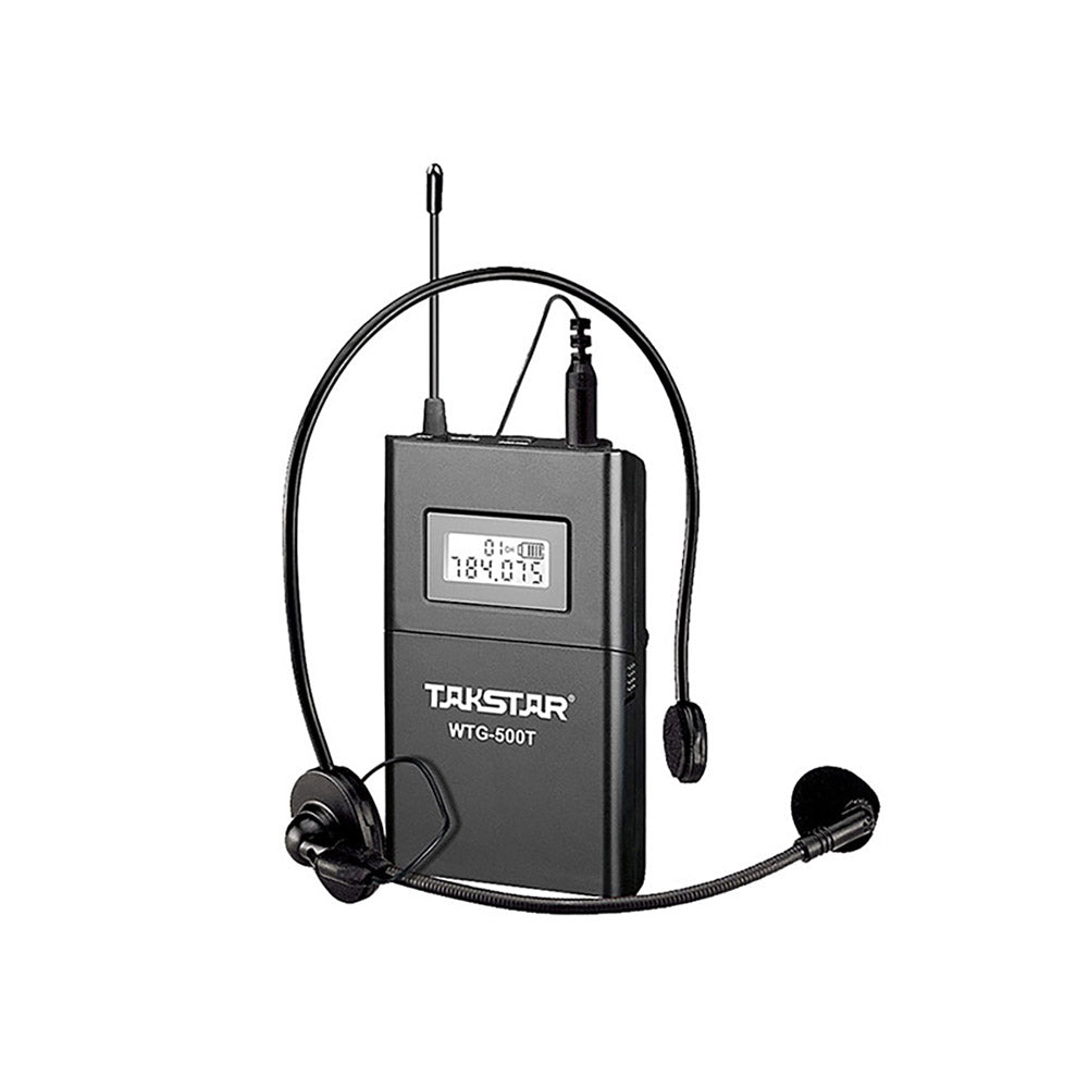 Takstar WTG-500 UHF Wireless Tour Guide System Transmitter has digital screen display indicates battery level, channel number. It is connected to a headworn microphone.