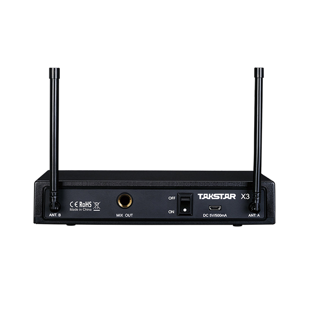 Takstar X3 UHF Wireless Dual Microphone System receiver has two antenna, one audio output port, one on-off switch, and one micro power port