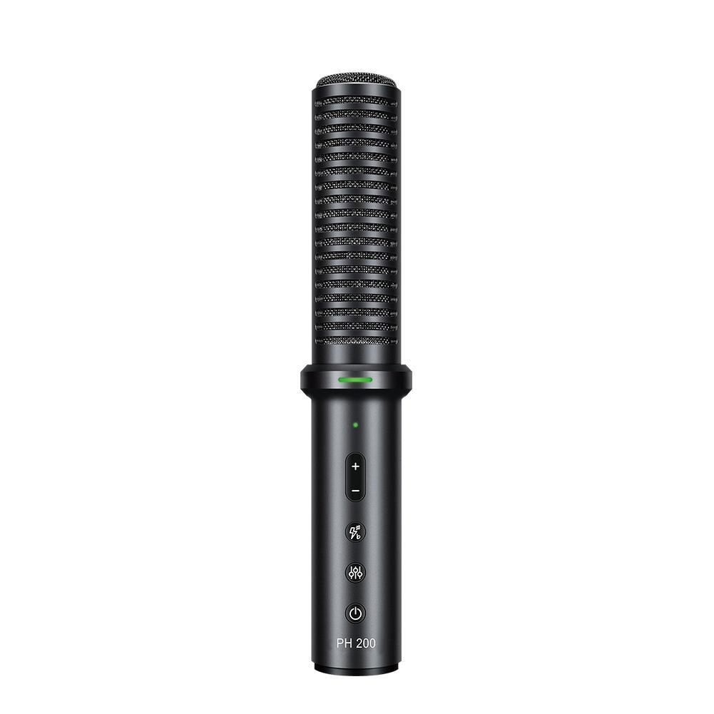 takstar ph200 cell phone condenser microphone with one light indicator, volume buttons, two sounds effects buttons, one power button