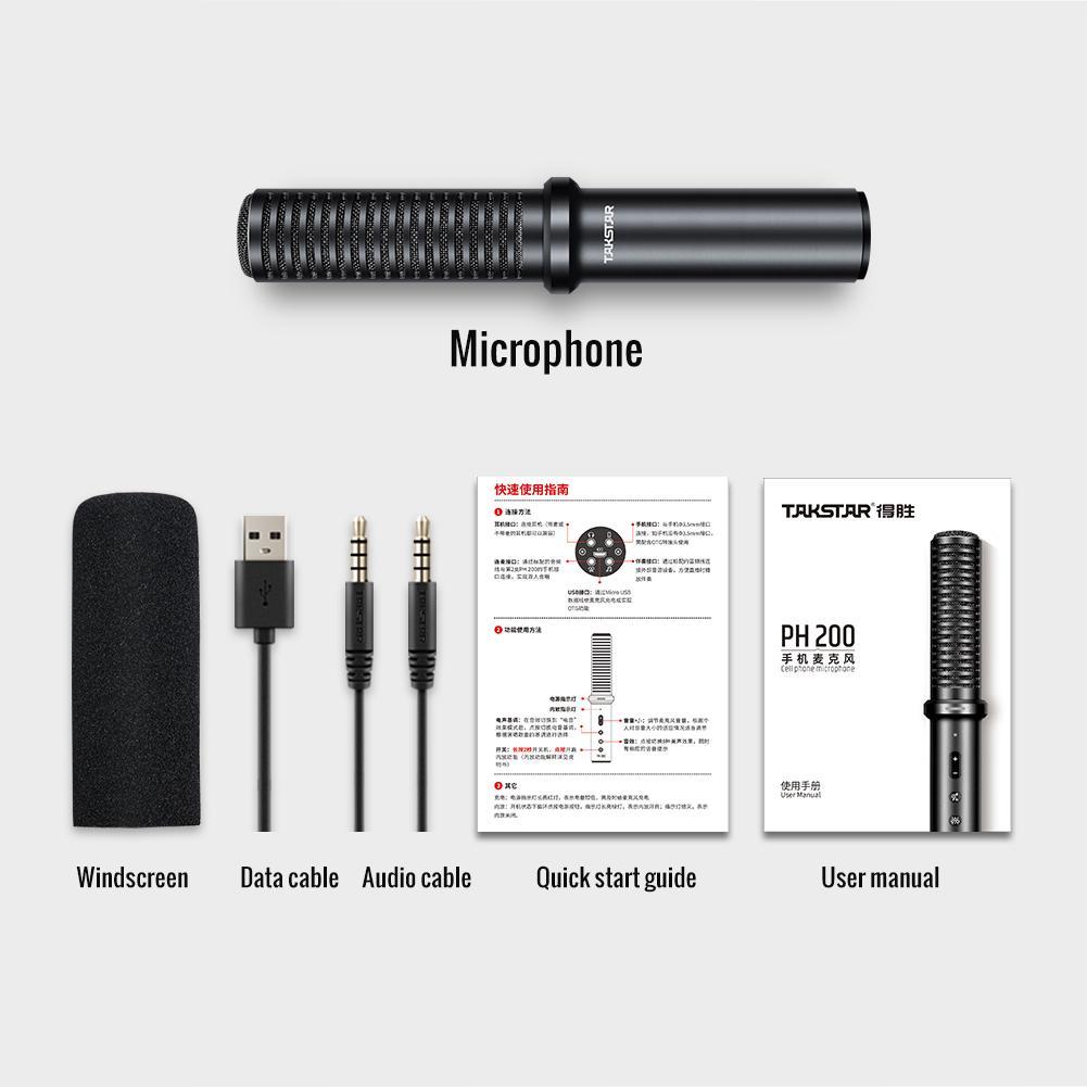 takstar ph200 cell phone condenser microphone product content has one mic, one windscreen, one usb cable, one  3.5mm audio cable, one quick start guide and one manual