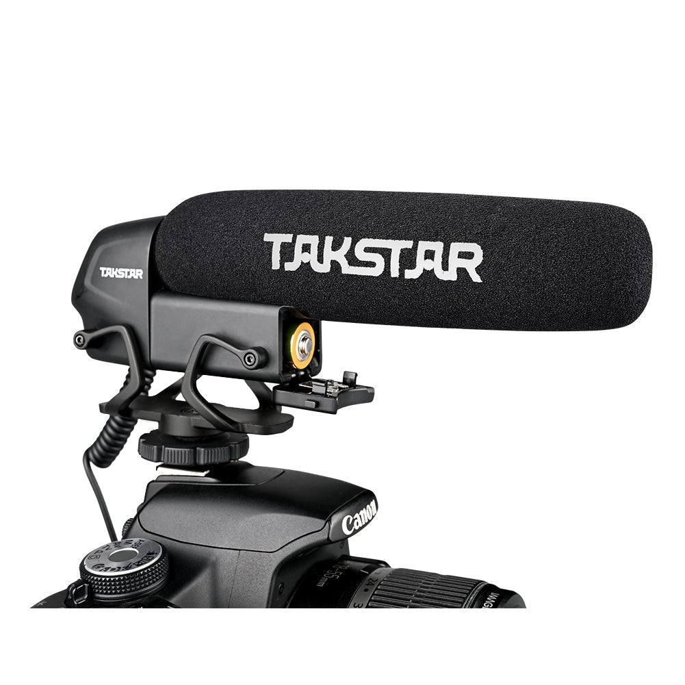 Takstar SGC-600 Shotgun Video Camera Microphone black color powered by one AA battery and has one 3.5mm audio cable